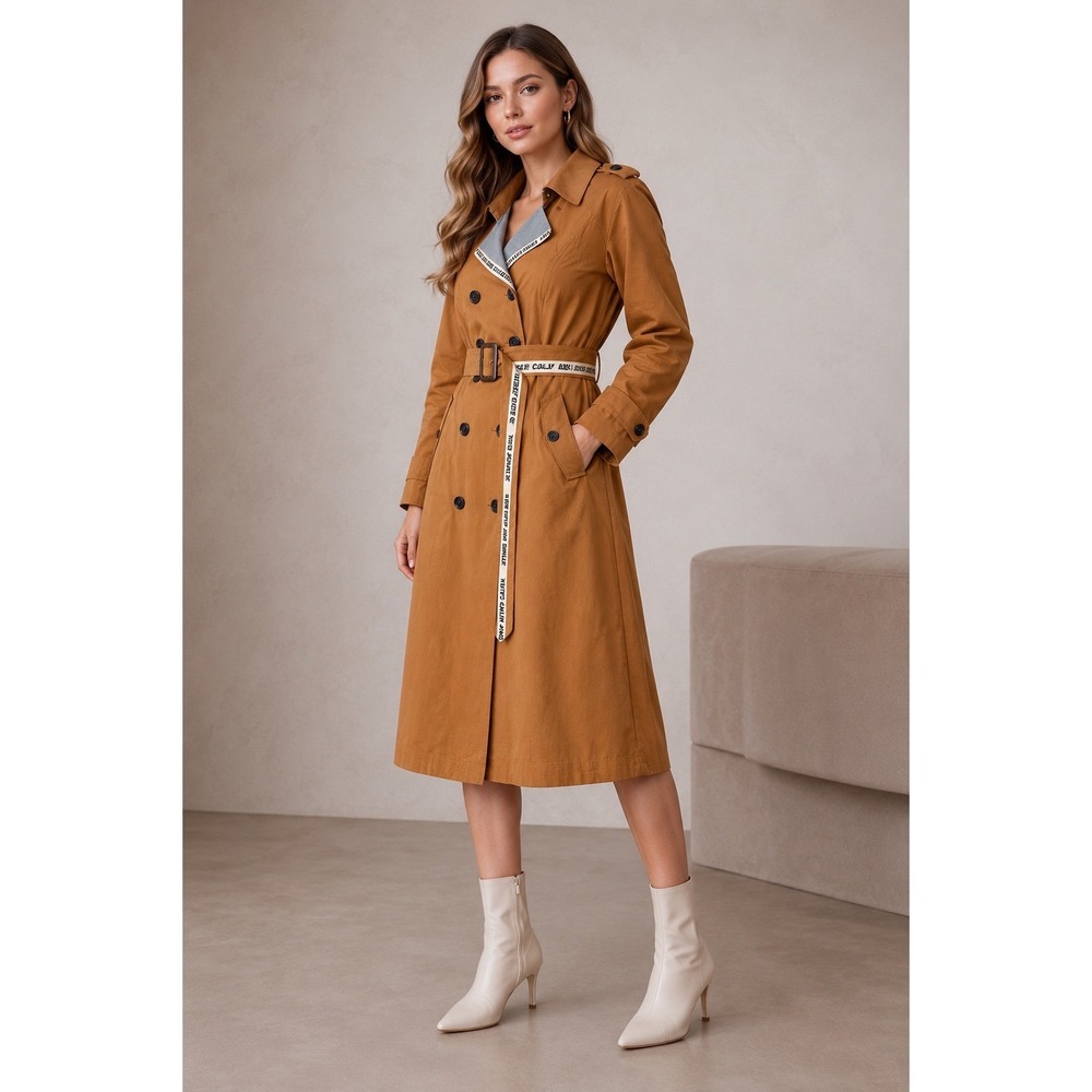 Kayra Tobacco Brown Double Breasted Trench Coat with Graphic Belt size 44 XL